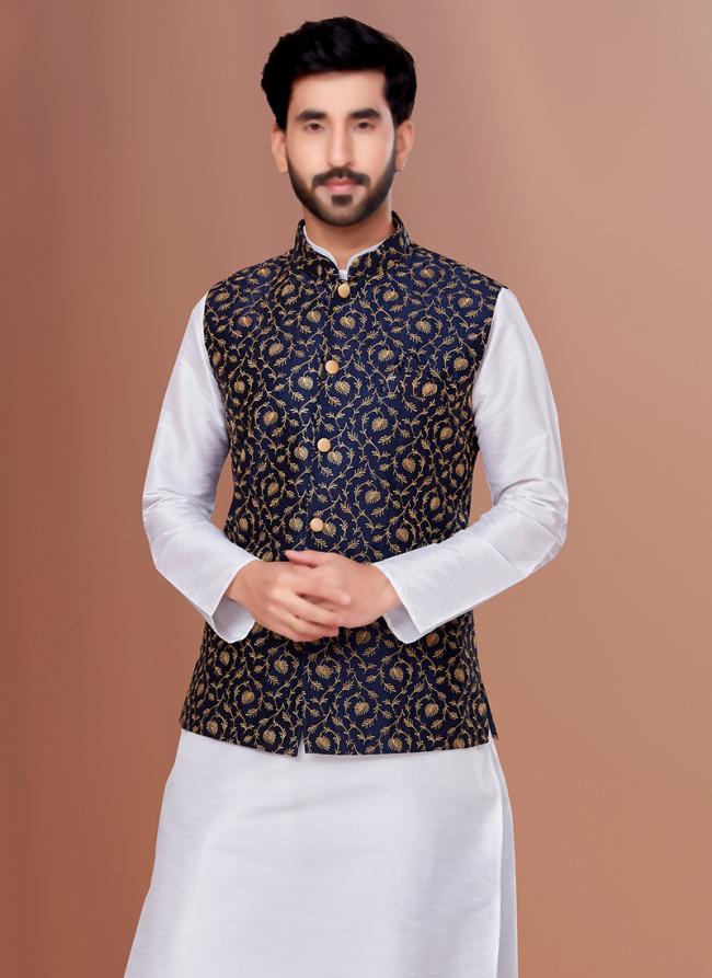 Embroidered Silk Neavy Blye Festival Wear Embroidery Work Readymade Men's Waist Coat